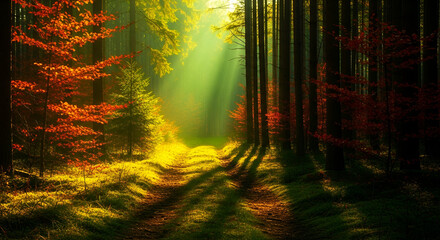 Fototapeta premium Sunlit Forest Path with Autumn Leaves and Light Rays