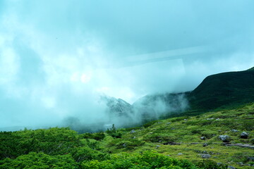 夏山に立ち込める深い霧や雲に山肌が覆われ幻想的で神秘的な雰囲気を醸し出している高原の風景です