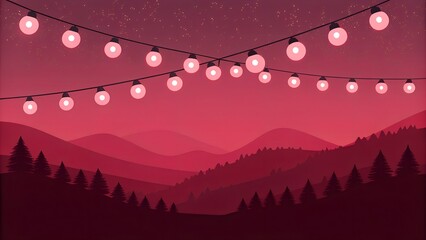 String of warm pink globe lights illuminating a scenic twilight landscape with silhouetted trees