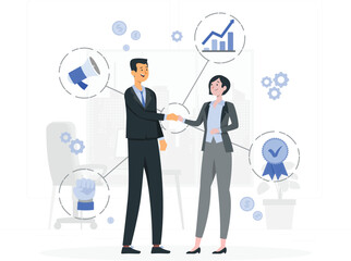 Business people shaking hands with handshake and business growth icons Keywords: business, handshake, agreement, deal, partnership, cooperation, meeting, success, growth, finance, investment