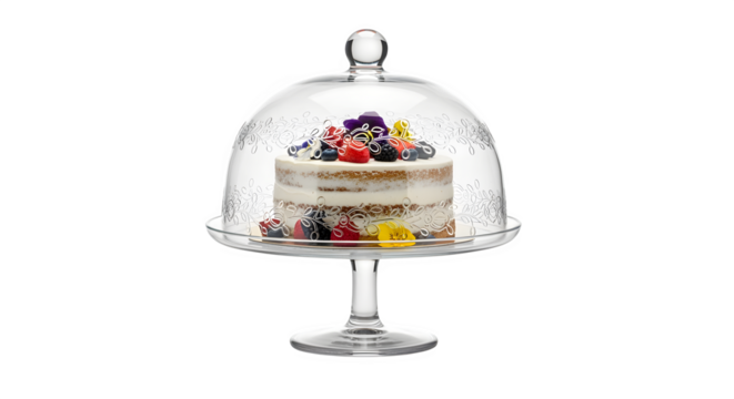 Delicate naked cake adorned with fresh berries and edible flowers, presented under a clear glass dome.