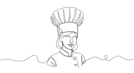 Professional smiling woman chef portrait drawn with a single continuous one line art style, a minimalist culinary master illustration for modern kitchen design