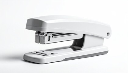 White stapler on white surface, studio lit, close-up