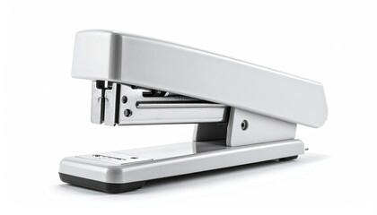 Silver stapler angled, isolated, on white. Detailed view