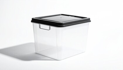 Square clear container with black lid on white background