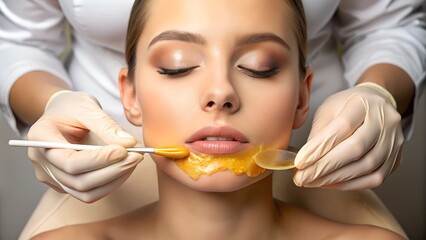 Woman's upper lip waxing procedure close-up beauty treatment aesthetic facial care