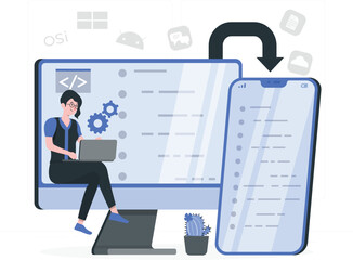 Woman coding on laptop next to computer screen and smartphone with app icons Keywords: coding, programming, software development, app development, technology, computer, laptop, screen, smartphone