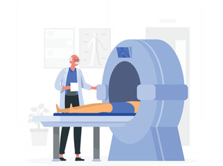 Doctor with patient in MRI scanner machine for medical imaging scan Keywords: medical, healthcare, doctor, patient, MRI, scanner, machine, radiology, diagnosis, scan, imaging, hospital, clinic