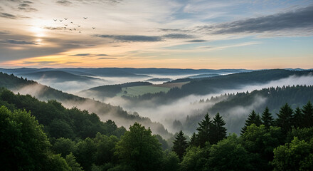 Misty Mountain Valley Sunrise with Birds Flying morning