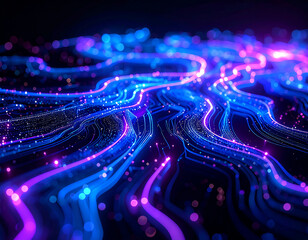 Abstract rendering of flowing blue and purple light trails, resembling data streams or neural pathways, with bokeh effects on a dark background.