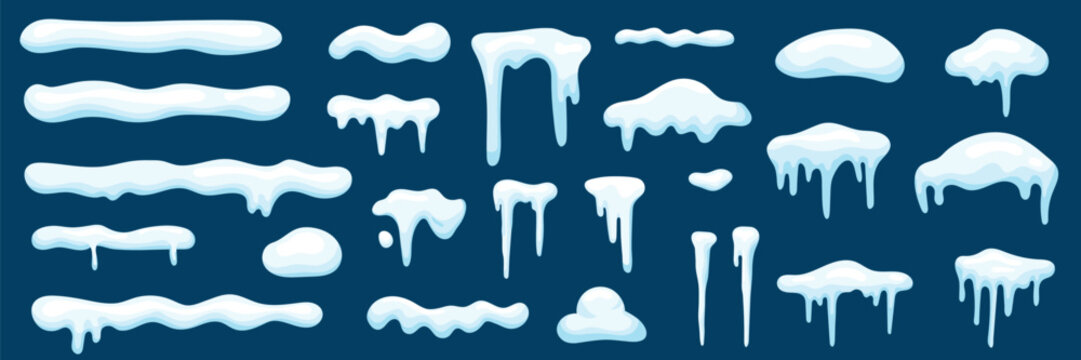 A set of snow caps, snowballs, and snowdrifts. Vector collection of snow caps. Snow elements on a winter background