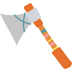 Stylized Tribal Axe with Silver Blade and Orange Handle Featuring Colorful Bands
