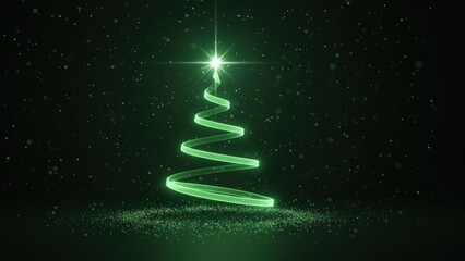 Obraz premium A glowing emerald to lime green spiral Christmas tree with radiant starburst and sparkles on a deep green festive Christmas, New Year background