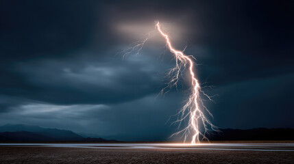 Gigantic lightning bolt striking ground under dramatic dark sky, illuminating landscape with intense energy and power