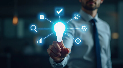 Business Innovation Solution – Businessman Touching Glowing Light Bulb Icon with Check Mark, Digital Technology Concept