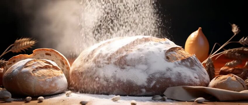 Freshly baked artisan bread surrounded by grains and flour on a rustic wooden table in a cozy kitchen setting