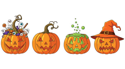 Vector art of a set of four halloween pumpkins, each with a unique design, including one filled with candy, one with a bubbling potion, and one wearing a witchs hat
