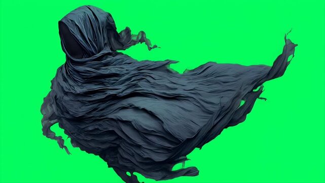 Ethereal ghostly silhouette without facial features, sculpted from flowing black mist and twisting vapor ribbons for a haunting atmosphere.