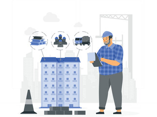 Construction worker reviewing plans in front of a multi-story building with construction icons builder