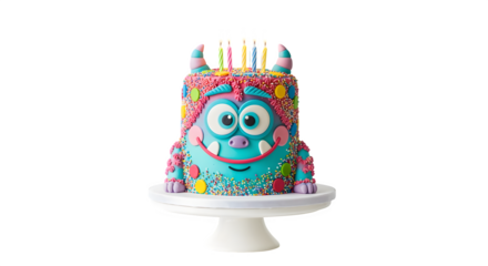 Whimsical monster cake with colorful sprinkles and birthday candles, perfect for a fun celebration.