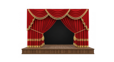 Elegant red velvet stage curtains with golden trim isolated on transparent background