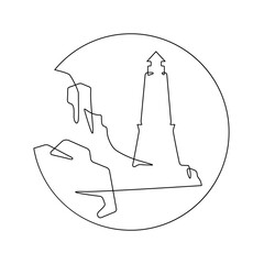 Continuous one line drawing Lighthouse against the backdrop of mountains. Mountain landscape. Seashore.Linear icon. Line art.One continuous line isolated illustration.Not AI.