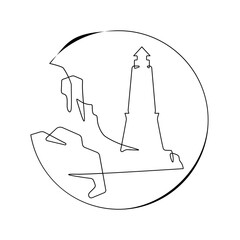 Continuous one line drawing Lighthouse against the backdrop of mountains. Mountain landscape. Seashore.Linear icon. Line art.One continuous line isolated illustration.Not AI.