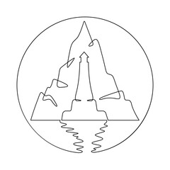 Continuous one line drawing Lighthouse against the backdrop of mountains. Mountain landscape. Seashore.Linear icon. Line art.One continuous line isolated illustration.Not AI.