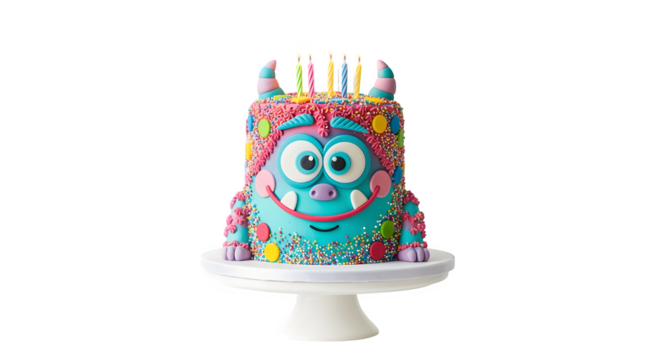 Whimsical monster cake with colorful sprinkles and birthday candles, perfect for a fun celebration.