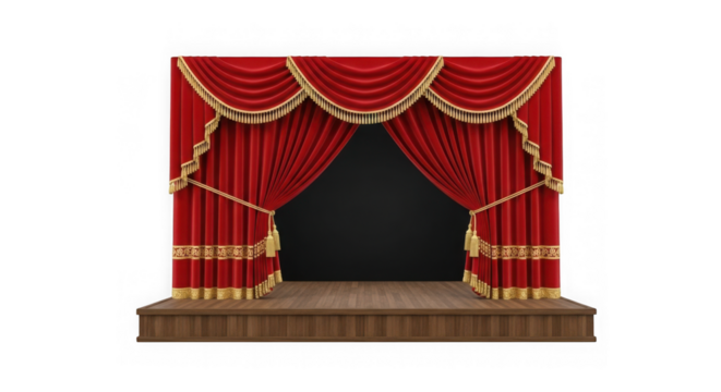 Elegant red velvet stage curtains with golden trim isolated on transparent background