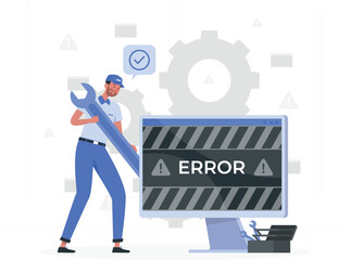 Technician with a wrench fixing a computer displaying an error message mechanic monitor