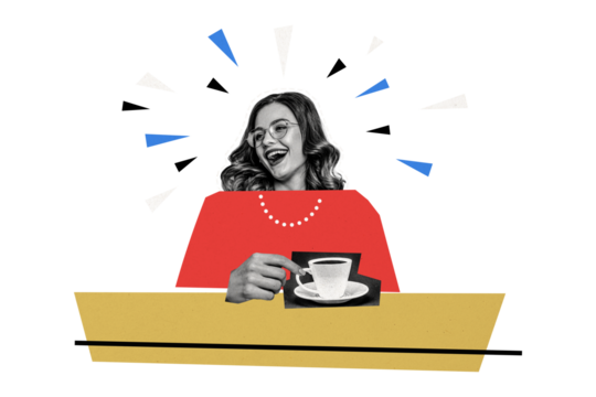 Composite photo collage of happy woman office worker hold coffee americano cup make pause enjoy drink isolated on painted background