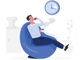 Man relaxing on beanbag chair eating donut and drinking coffee male