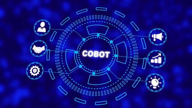 4k abstract technology background with globe. Industrial automation technology concept. Collaborative robot, cobot.