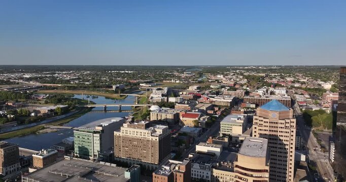 Aerial view of the Great Miami River winding through the city, juxtaposing the urban landscape with the natural river, Dayton, Ohio, United States.