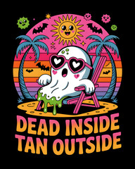 Humorous Halloween ghost chilling on the beach. Perfect for apparel, designs, and social media posts. Spooky season fun with a tropical twist!