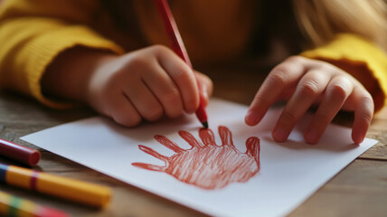 A young child's hand with colorful paint creates a Thanksgiving turkey handprint on a canvas. Bright colors like yellow, red, and blue are visible.