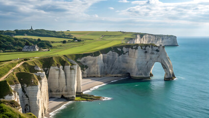 Panoramic view of the stunning cliffs of tretat in normandy, france, with its iconic natural arches and the turquoise waters of the english channel on a sunny day