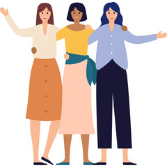 Three diverse women friends embracing warmly with arms around each other in casual fashionable outfits white background no text simple cartoon illustration no logo elements