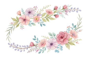 Romantic Watercolor Flower Garland Illustration isolated on white background