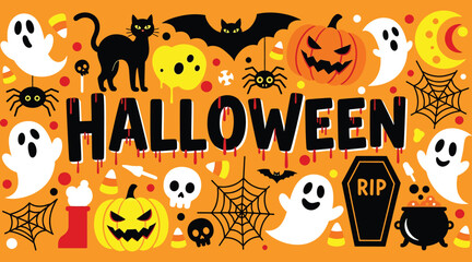 Vector art of halloween elements with ghosts, cat, bat, pumpkin, spider, and candy, creating a festive and spooky design, perfect for decorations and invitations