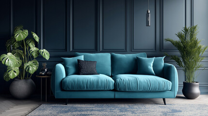 Teal sofa in moody dark blue living room, contemporary interior styling.