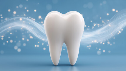 Clean tooth illustration with sparkles and flowing particles symbolizing cleanliness.