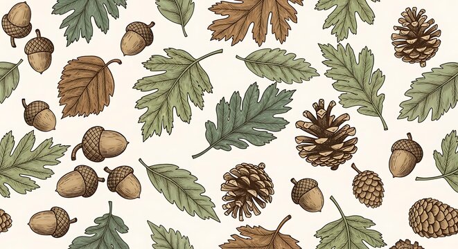 A seamless pattern of autumn leaves, acorns, and pinecones in muted green, brown, and beige tones, suitable for fallthemed designs