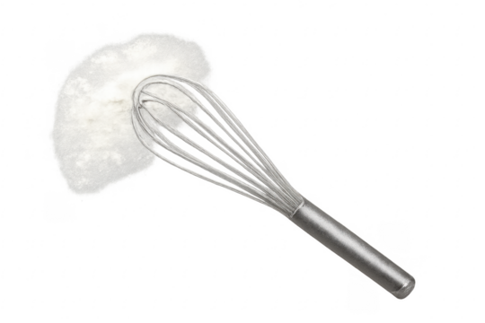 Metal whisk mixing white flour baking ingredient