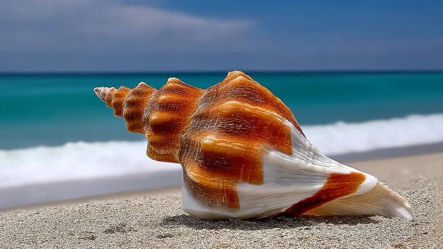 Beauty of a conch shell on sandy beach with calm ocean waves during bright sunny day