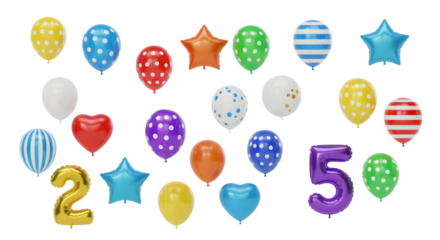 Colorful and festive balloons in various shapes and patterns, perfect for celebrations and parties.