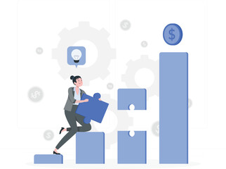 Woman placing puzzle piece on bar graph with lightbulb and dollar coins business strategy