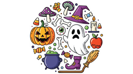 Vector art of a delightful halloween circle featuring a pumpkin, ghost, witch hat, and other spooky elements, perfect for festive designs and holidaythemed projects