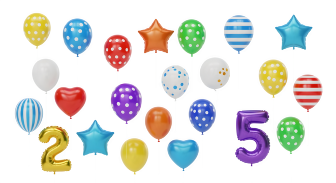 Colorful and festive balloons in various shapes and patterns, perfect for celebrations and parties.